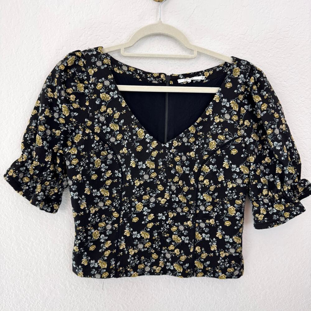 Revolve Tularosa Womens Sahara Crop Top Size M Floral Puff Sleeve Ruffle Black